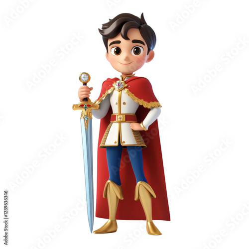 A Dashing 3D Cartoon Prince in Royal Attire Holding a King Isolated on Transparent Background