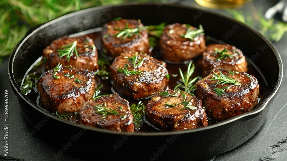 Pan-seared venison medallions in a cast iron skillet, rosemary garnish, dark background, meal prep Pan-seared venison medallions in a cast iron skillet, rosemary garnish, dark background, meal prep