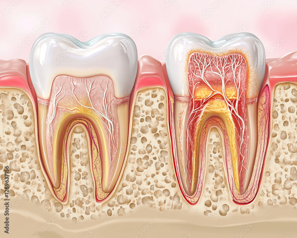 Close-up of a human tooth structure showing enamel, dentin, pulp, nerves, and surrounding bone, demonstrating dental anatomy, tooth health, and oral care. Close-up of a human tooth structure showing enamel, dentin, pulp, nerves, and surrounding bone, demonstrating dental anatomy, tooth health, and oral care.