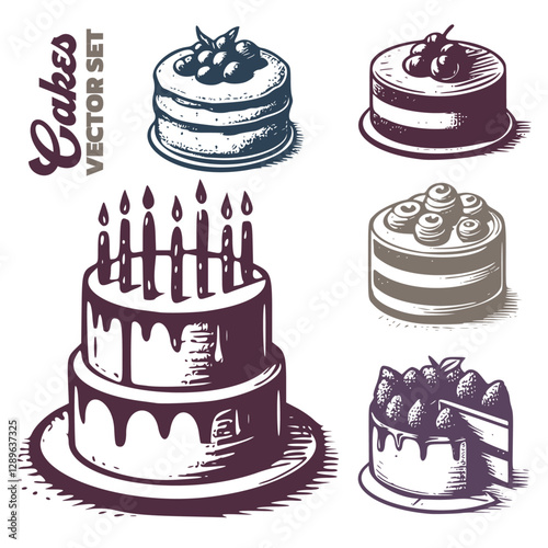 Vintage Cake Illustration Set – Birthday and Fruit Cakes in Classic Style