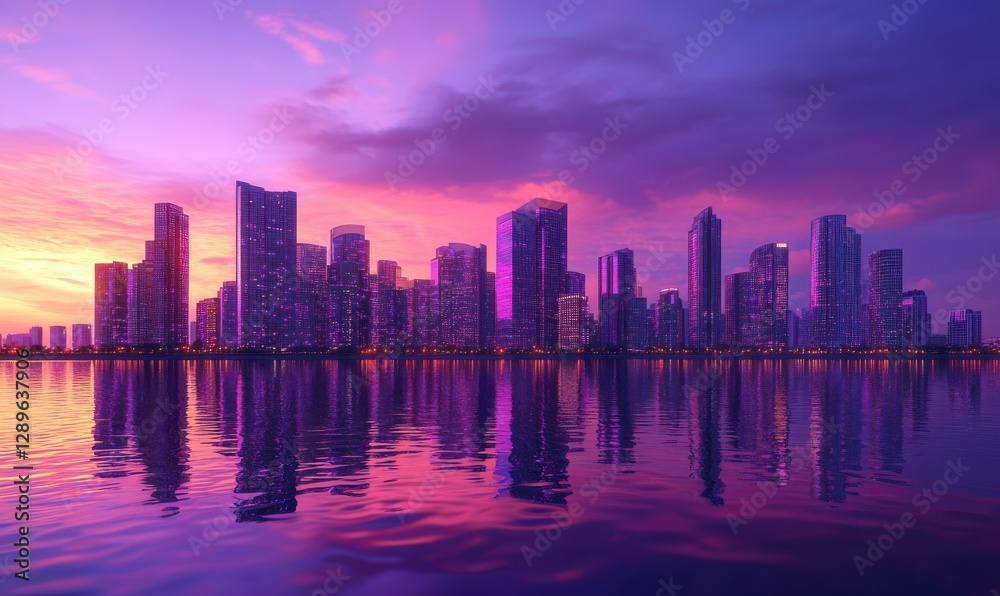Fototapeta premium Scenic view of a modern city skyline at twilight, vibrant hues of purple and orange reflecting off glass buildings, calm water adding serenity,