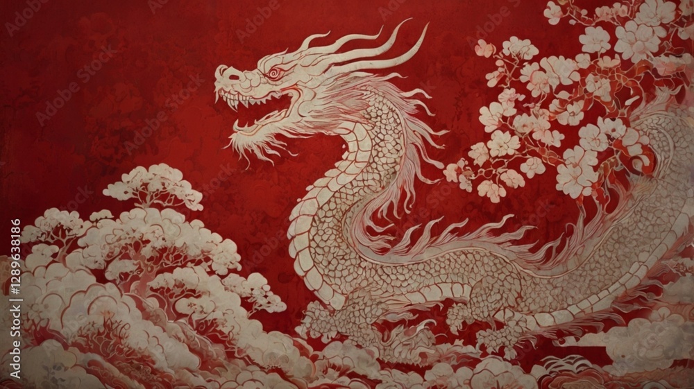 Obraz premium Dragón blanco con flores