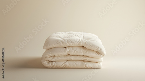 White neatly folded duvet, comforter, quilt lying on white background. Preparing for winter season, household, domestic laundry activities, hotel or home textile with comfort and style