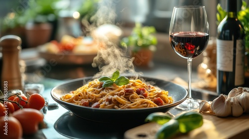 Enjoying a delicious steaming plate of pasta with tomato sauce, basil, and a glass of red wine in a cozy kitchen