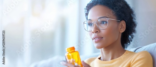 woman looking at a Pill Bottle at home