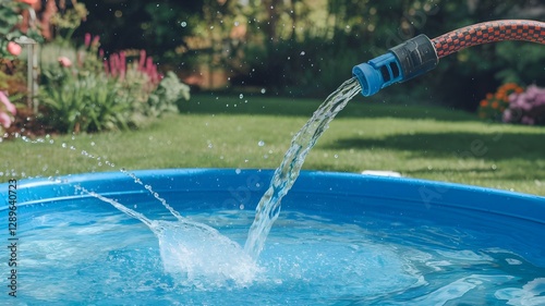 Splashing into Summer: A garden hose fills a blue pool with water under the warmth of the sun. Inviting and refreshing.