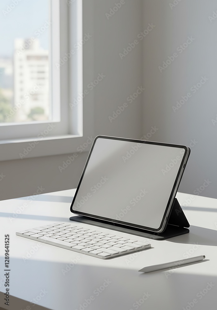Tablet Computer with Keyboard and Stylus on White Desk Near Window Tablet Computer with Keyboard and Stylus on White Desk Near Window