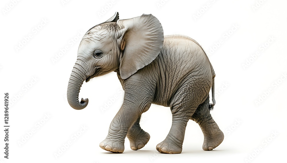 Fototapeta premium A Young Elephant Walking Forward On A Pure White Background