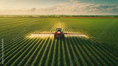 A red tractor spraying crops on a large green field