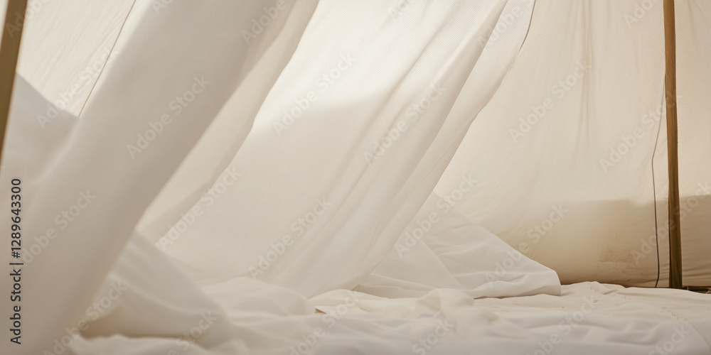 interior view inside an empty but cozy white bedouin tent, warm organic white linen cotton fabric flowing with clean modern simple white bedding bedsheet on the floor. glamping concept interior view inside an empty but cozy white bedouin tent, warm organic white linen cotton fabric flowing with clean modern simple white bedding bedsheet on the floor. glamping concept