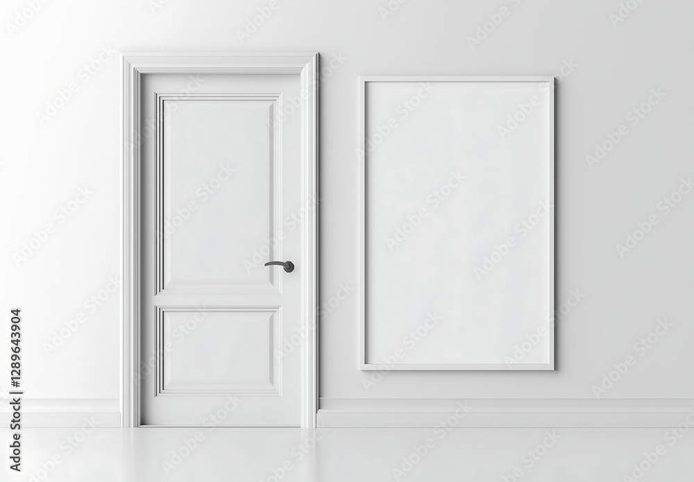 Empty poster frame mockup on a white wall next to a classic white door, minimal interior design concept for artwork and branding Empty poster frame mockup on a white wall next to a classic white door, minimal interior design concept for artwork and branding
