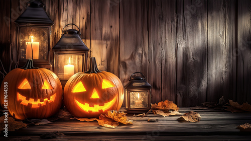 Halloween pumpkins and lanterns on a wooden background, Halloween photography backdrop