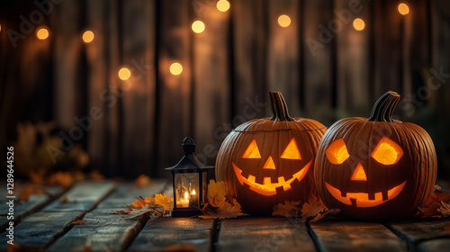 Halloween pumpkins and lanterns on a wooden background, Halloween photography backdrop