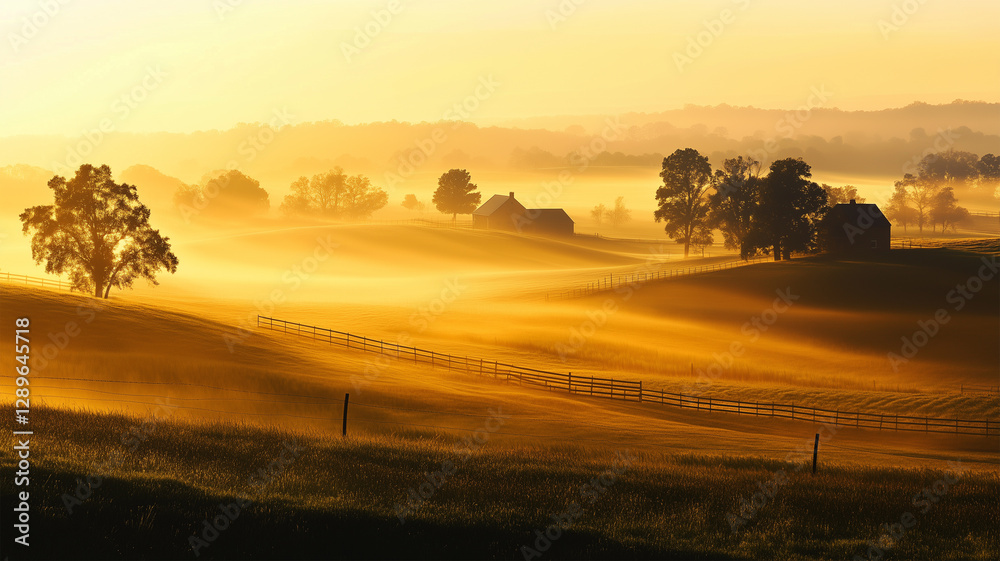 Obraz premium 田園に広がる朝霧 – 静寂と幻想が織りなす牧歌的風景
