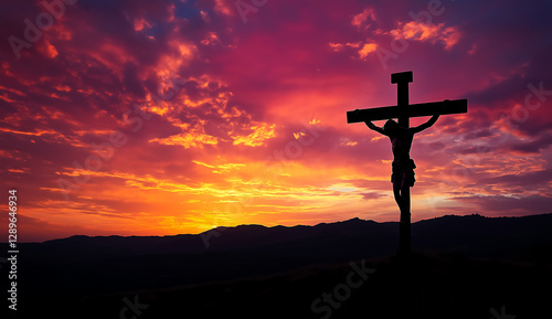 Silhouette of Jesus Christ on the cross against a dramatic sunset sky, powerful religious imagery symbolizing faith and sacrifice with copy space