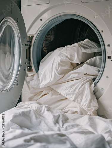 Close-up of  modern, high-efficiency ai powered washing machine with the door open, revealing freshly washed white beddings, bed sheets inside, pulled half out, in bright white clean laundry room