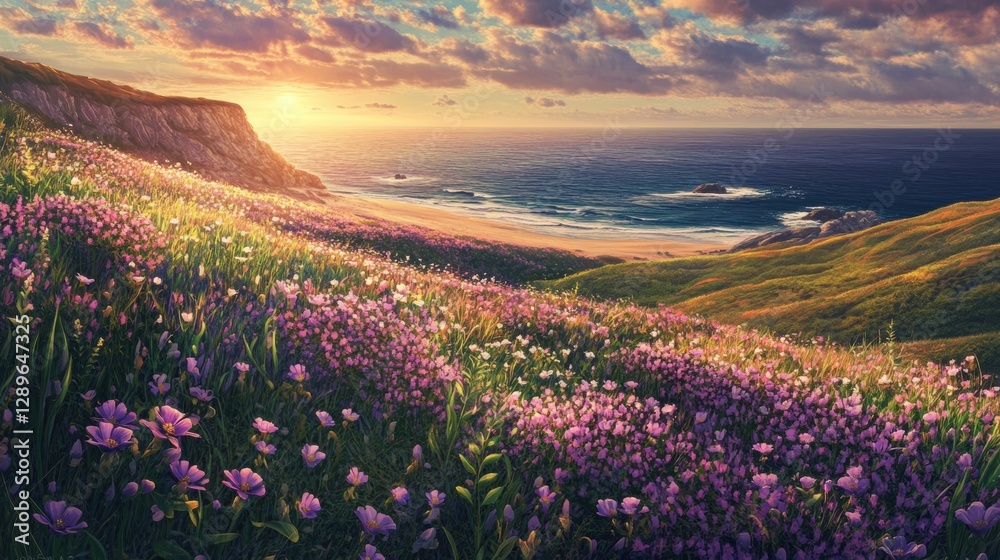 Obraz premium Beautiful colorful wild flowers at sea beach in Spring.