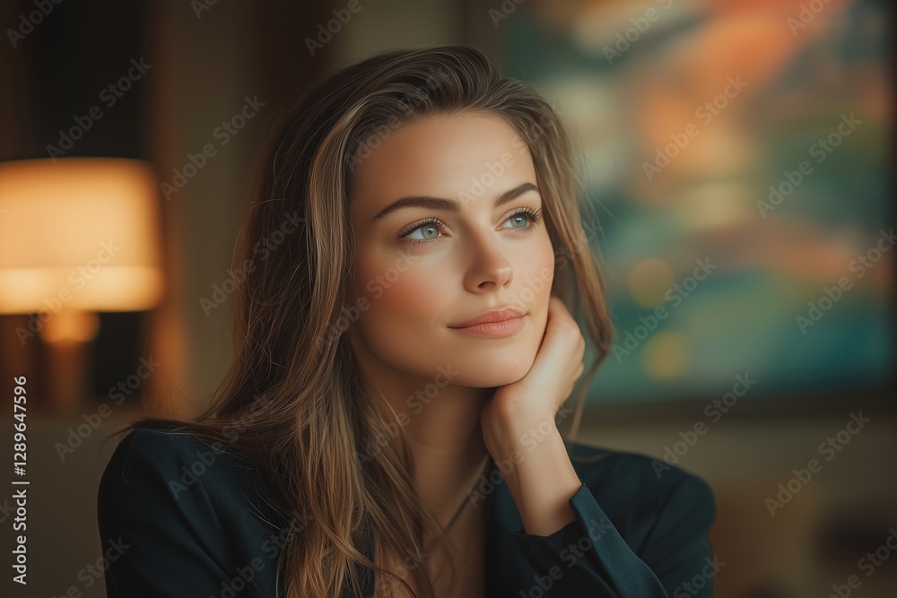 A young woman with long hair resting her chin on her hand, looking thoughtfully with a soft smile. A young woman with long hair resting her chin on her hand, looking thoughtfully with a soft smile.