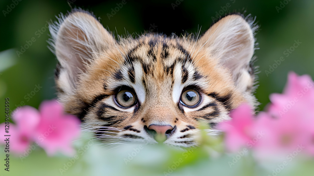 Obraz premium Cute baby clouded leopard peeking flowers garden