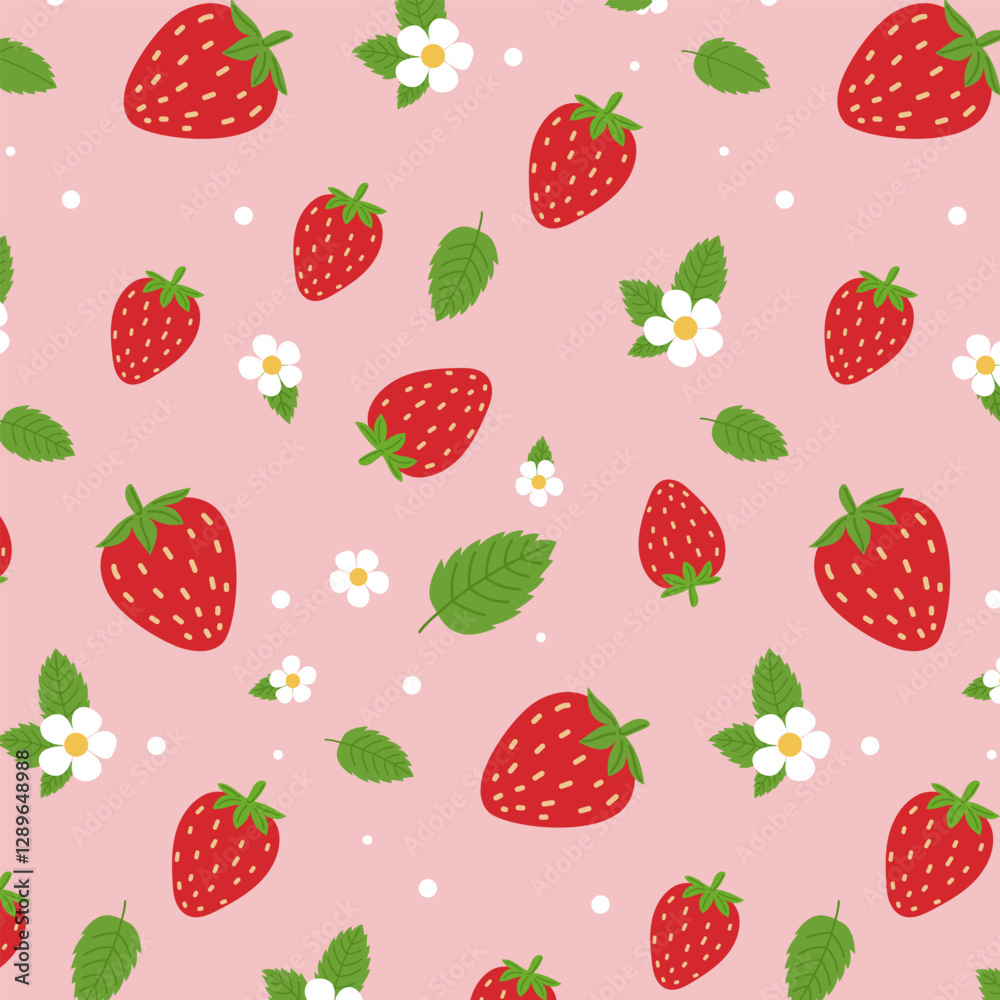 Seamless vector pattern with red strawberries and white flowers on pink background in flat style. Perfect for print, fabric, wrapping paper, design, wallpaper, card. Seamless vector pattern with red strawberries and white flowers on pink background in flat style. Perfect for print, fabric, wrapping paper, design, wallpaper, card.