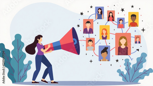 Woman using large magnet to attract new clients and users for business promotion on social networks
