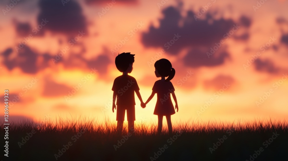 Silhouette of children holding hands at sunset Silhouette of children holding hands at sunset
