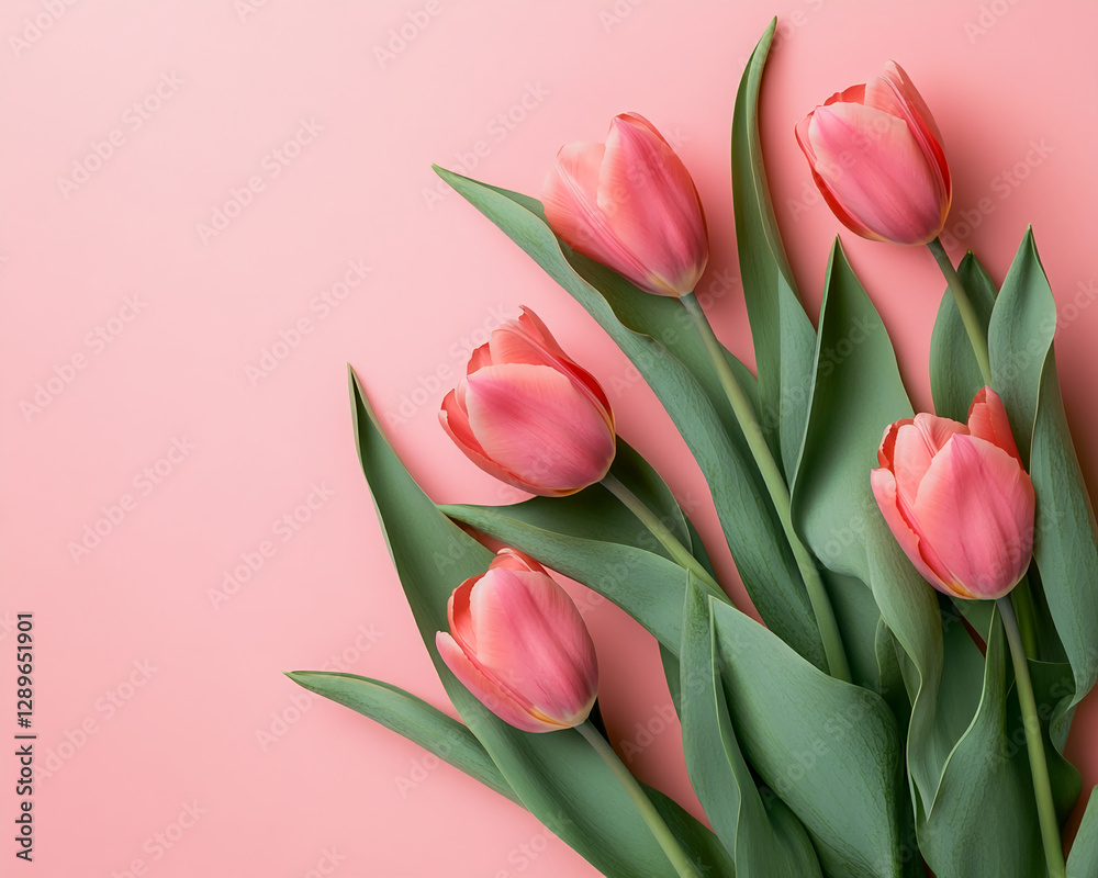 Close-up view of pink tulips with green leaves on a soft pastel pink background, symbolizing spring, freshness, beauty, and nature, ideal for floral, nature, or love-themed concepts. Close-up view of pink tulips with green leaves on a soft pastel pink background, symbolizing spring, freshness, beauty, and nature, ideal for floral, nature, or love-themed concepts.