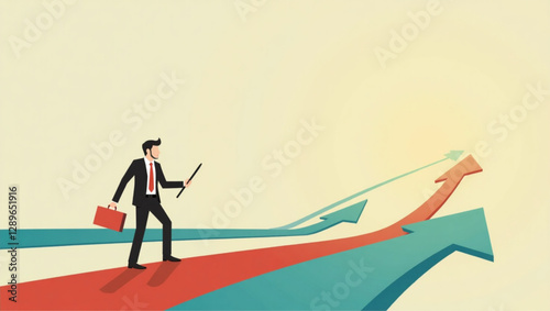Strategic Businessman Navigating Choices with Direction Arrows on Path to Success