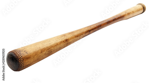 Wooden baseball bat resting horizontally on a white background, showcasing its smooth finish and tapered design, ideal for sports enthusiasts or collectors interested in vintage equipment photo