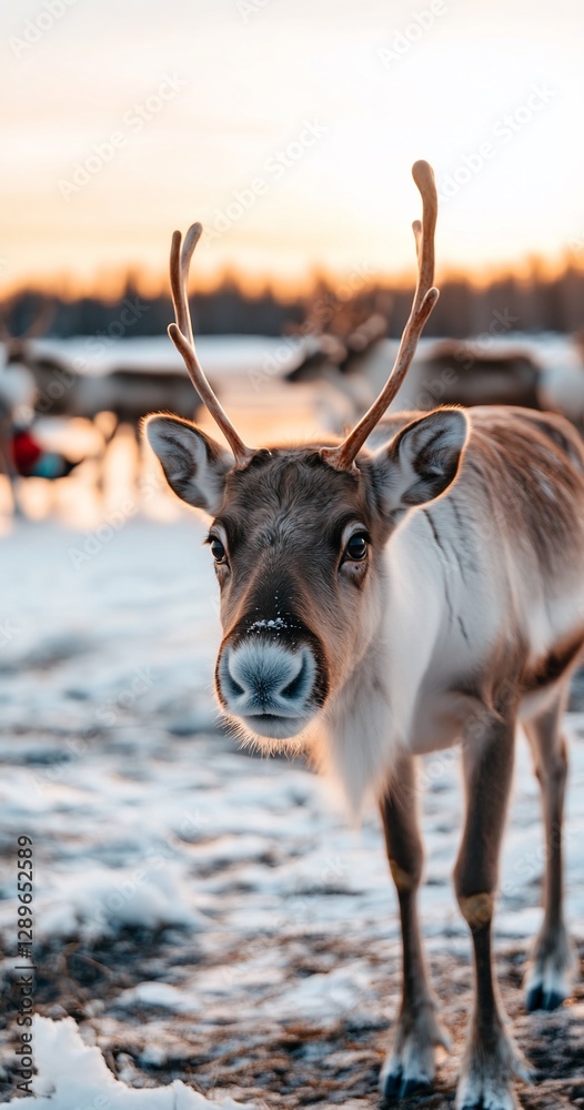 Fototapeta premium Reindeer portrait, snowy landscape, sunset.