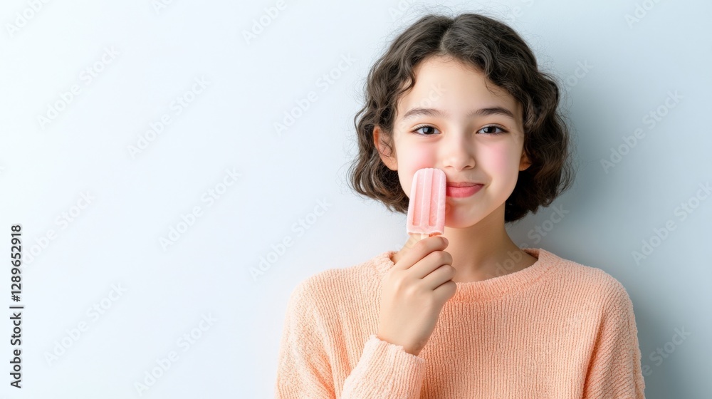 Girl with Popsicle against Pale Blue Background Girl with Popsicle against Pale Blue Background