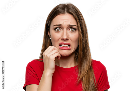 Image of scared shocked nice woman posing and looking at camera isolated on transparent png background