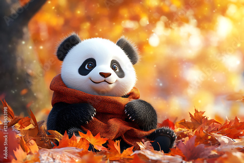 A cute panda sitting in autumn leaves, wrapped in a cozy scarf, enjoying the colorful scenery.