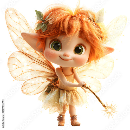 Fluffy 3D Cartoon Fairy with Puffy Wings and Spark Isolated on Transparent Background