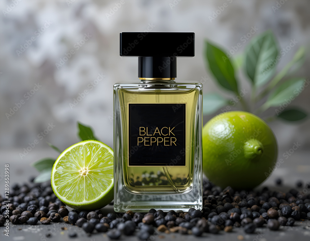 perfumery bottle with fragrance with black pepper and bergamote around . Digital artwork. Ai generated.