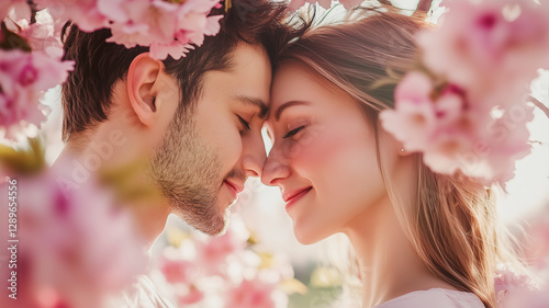 Naklejka 夫婦やカップルで桜の下で寄り添うセルフィ – 優しい春の風に包まれる愛の瞬間