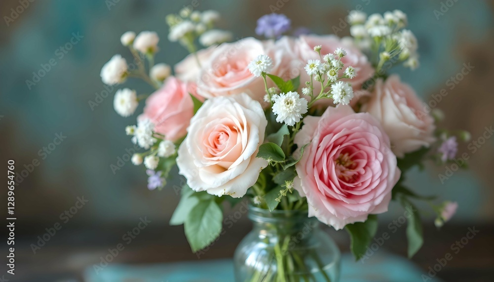 A bouquet of light pink roses and different tiny flowers in a clear glass vase. Blurred background, soft focus, muted colors.
A bouquet of light pink roses and different tiny flowers in a clear glass vase. Blurred background, soft focus, muted colors.