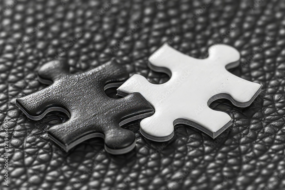 Fototapeta premium Two individual puzzle pieces one black and one white are closely positioned against a solid background showcasing their details and textures in a carefully arranged flat lay.