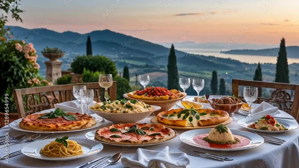 beautiful different traditional italian food, outdoor with views of Italy

