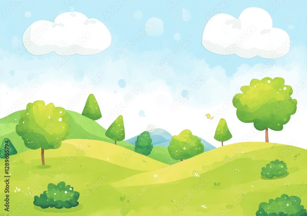 Fototapeta premium Illustrated Spring Landscape Green Hills, Lush Trees, and Fluffy Clouds