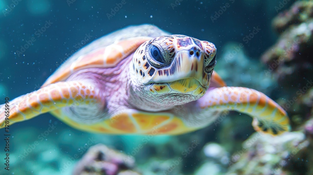 Fototapeta premium Sea Turtle in Aquarium, Close-up View of Marine Reptile