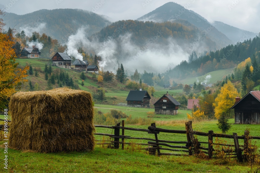 Fototapeta premium Misty Mountain Village in Autumn Traditional Houses and Hay Bales