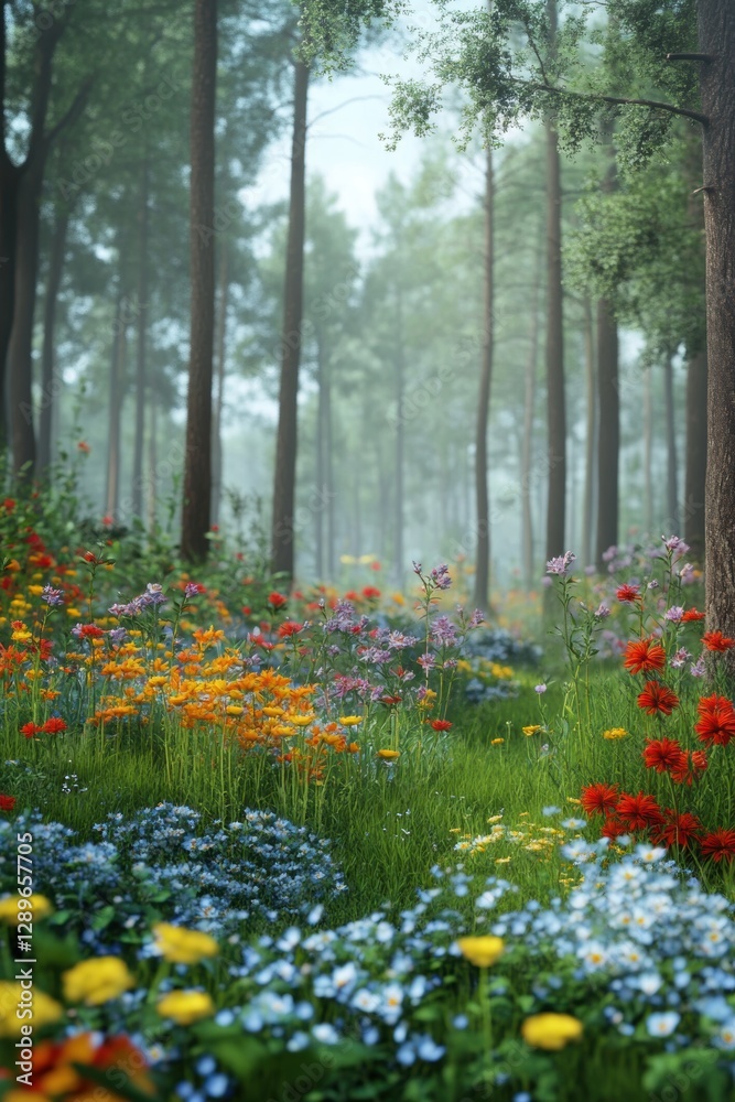 Fototapeta premium Beautiful colorful wild flowers in deep foggy forest with sun light in Spring.