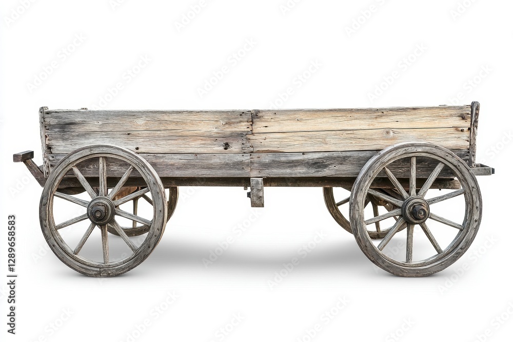 Fototapeta premium Rustic Weathered Wooden Wagon with Spoked Wheels on White Background
