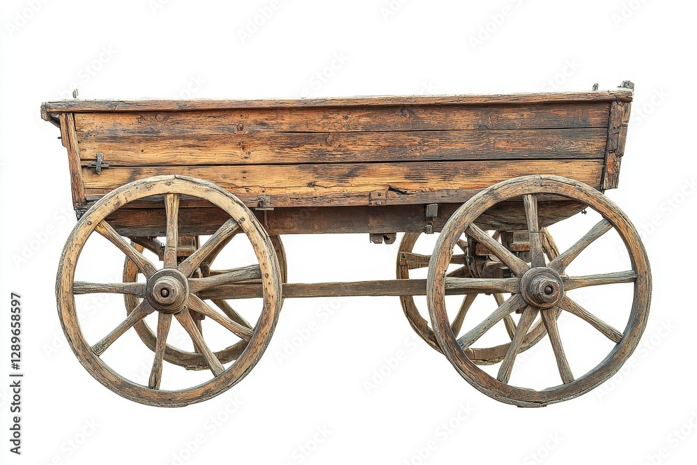 Obraz premium Rustic Weathered Wooden Wagon with Spoked Wheels on White Background