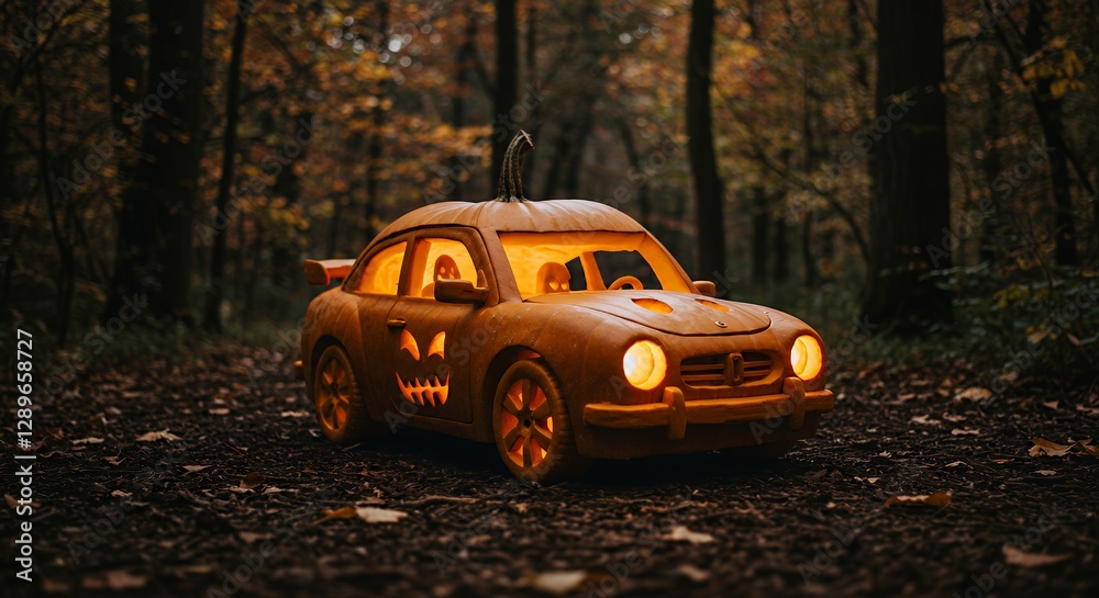 A carved pumpkin designed as a car, illuminated in a forest during autumn. A carved pumpkin designed as a car, illuminated in a forest during autumn.