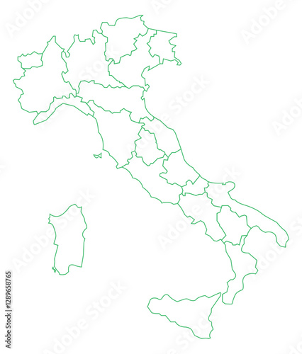 Green Outline Italy Map with District Borders Europe Country