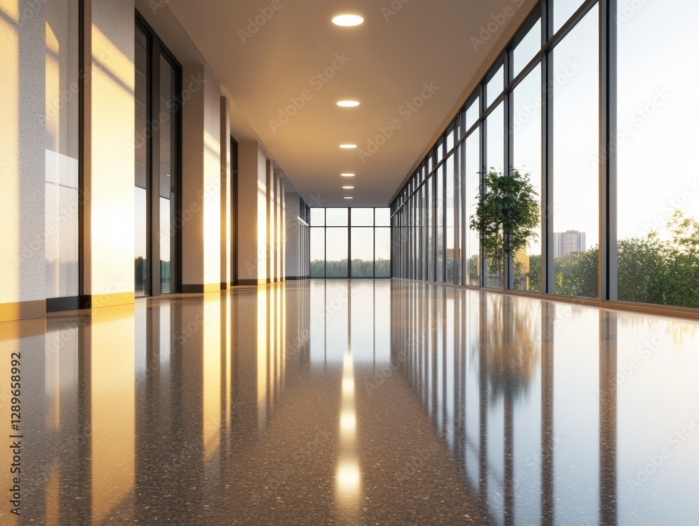 illuminated hallway with large windows and terrazzo floor.