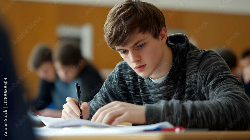 Student writing an exam, representing education and academic achievement Student writing an exam, representing education and academic achievement