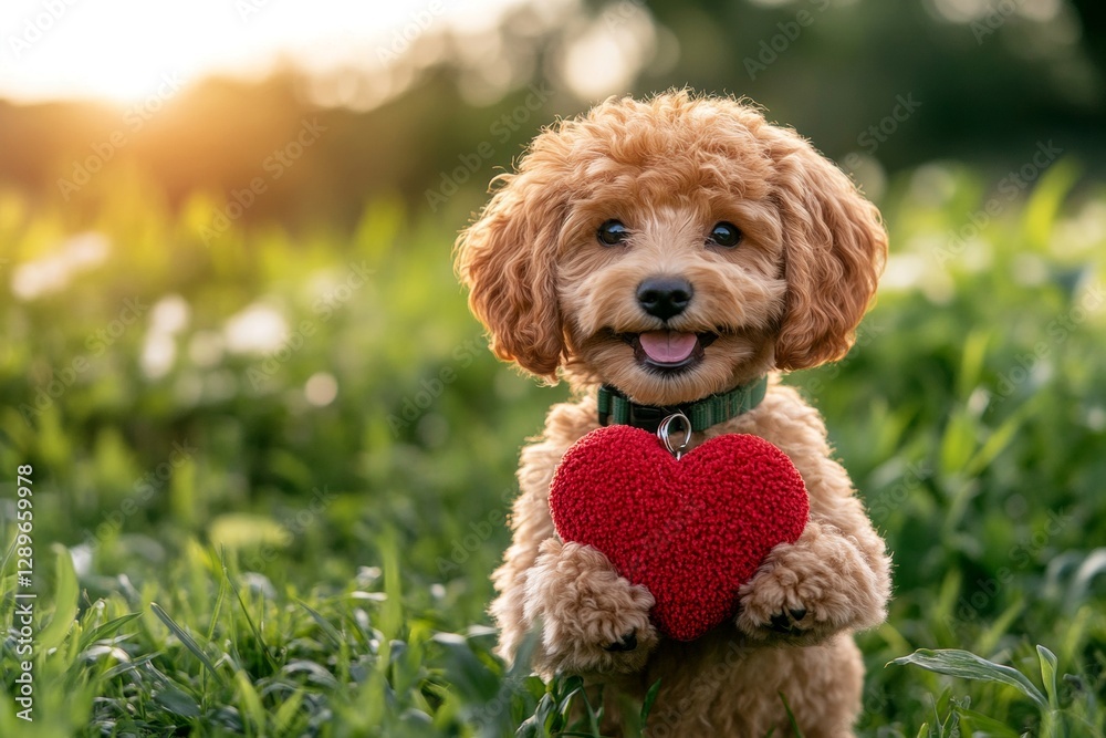 Ad critter animal artwork. Cute poodle canine with pet toy red heart on a walk in a spring park. Poodle - my treasured dog, symbol of friendship. Cute dog sharing love. Cute pet love. Ad critter animal artwork. Cute poodle canine with pet toy red heart on a walk in a spring park. Poodle - my treasured dog, symbol of friendship. Cute dog sharing love. Cute pet love.
